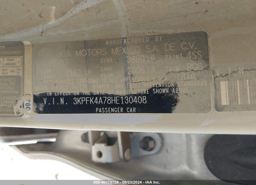 2017 KIA FORTE LX VIN: 3KPFK4A78HE130408