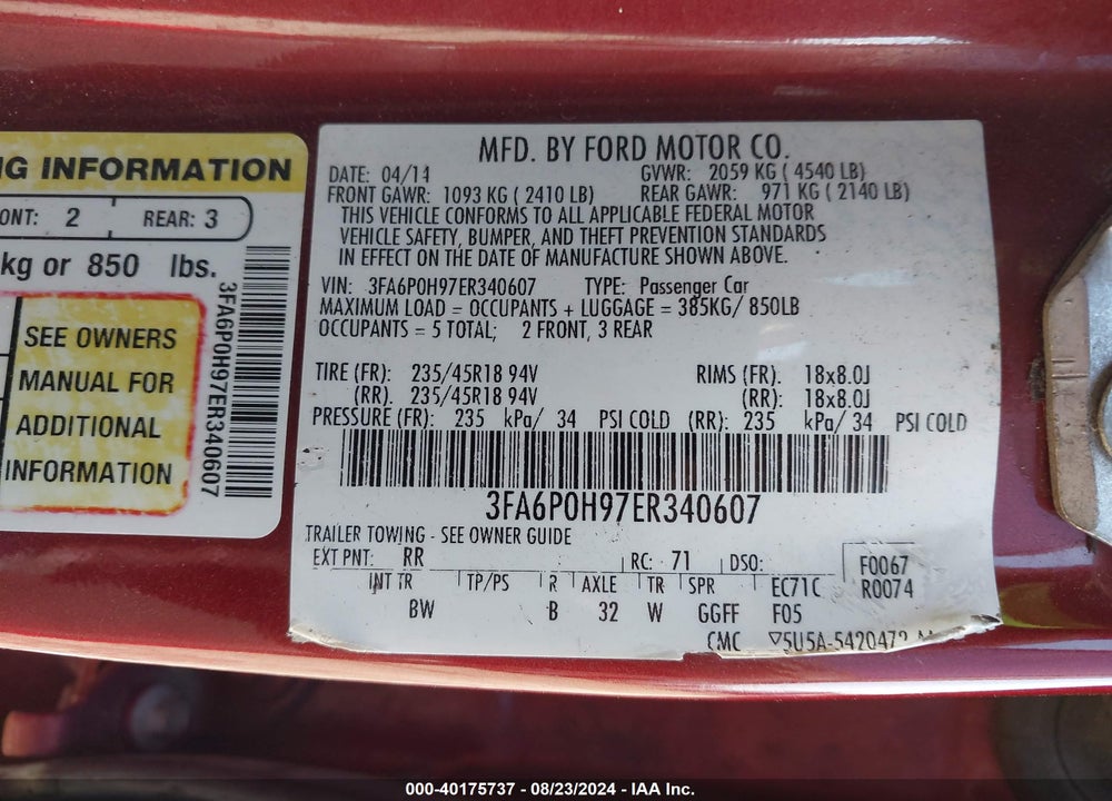 2014 FORD FUSION SE VIN: 3FA6P0H97ER340607