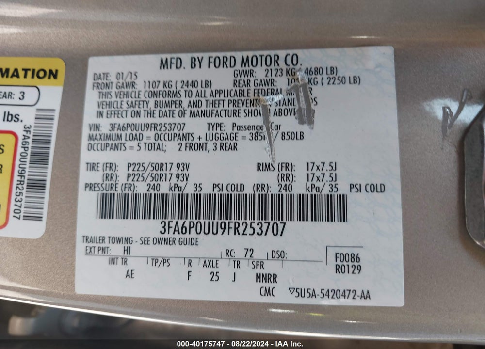 2015 FORD FUSION HYBRID S VIN: 3FA6P0UU9FR253707