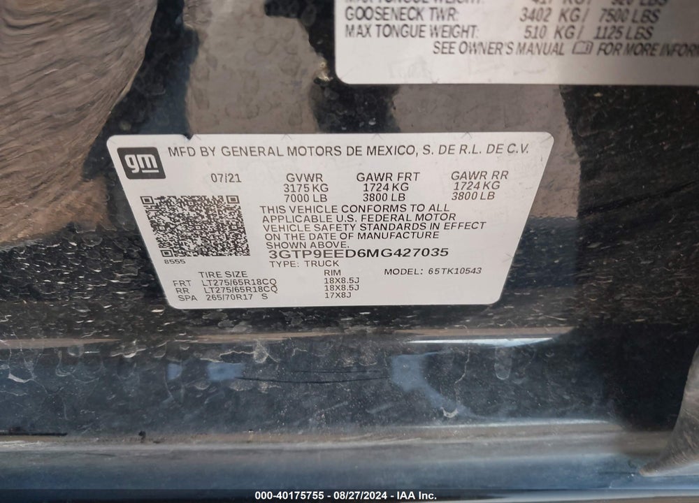 2021 GMC SIERRA 1500 4WD SHORT BOX AT4 VIN: 3GTP9EED6MG427035