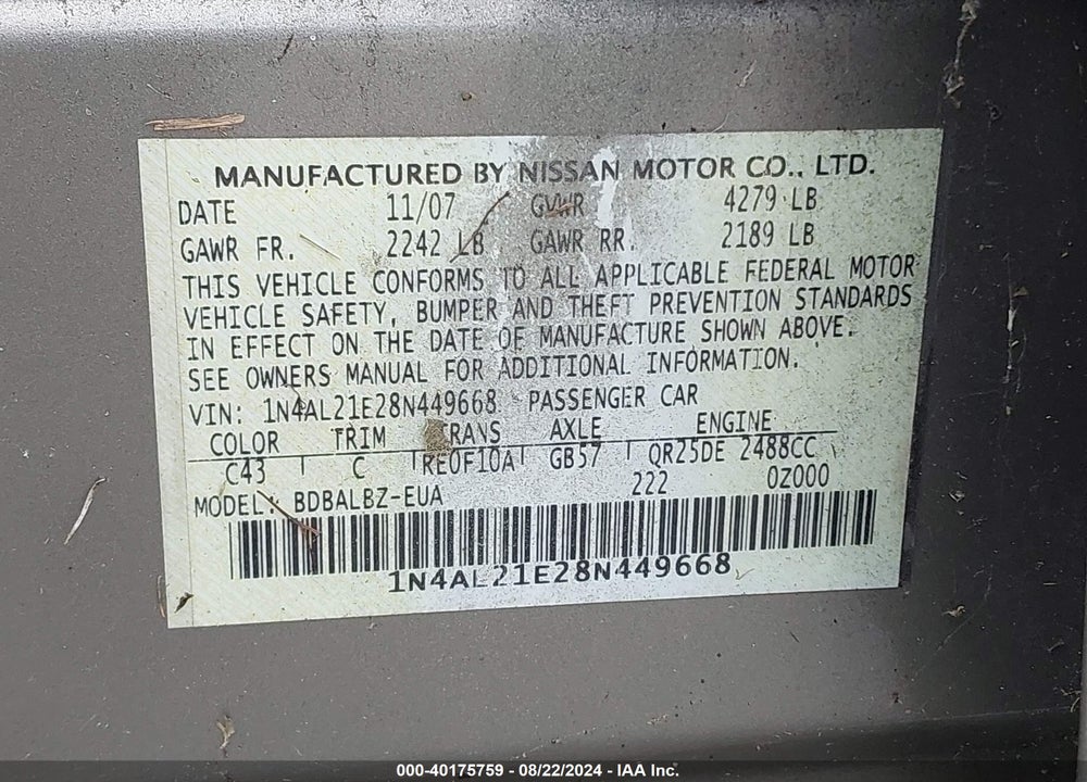 2008 NISSAN ALTIMA 2.5 S VIN: 1N4AL21E28N449668