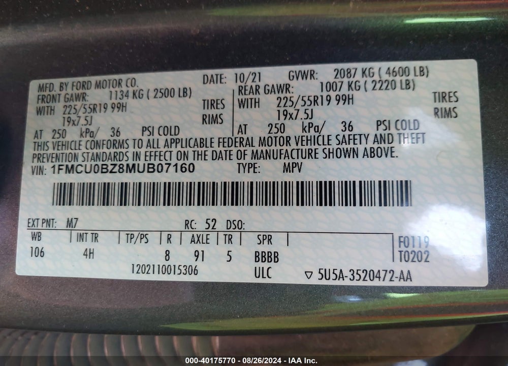 2021 FORD ESCAPE SE HYBRID VIN: 1FMCU0BZ8MUB07160