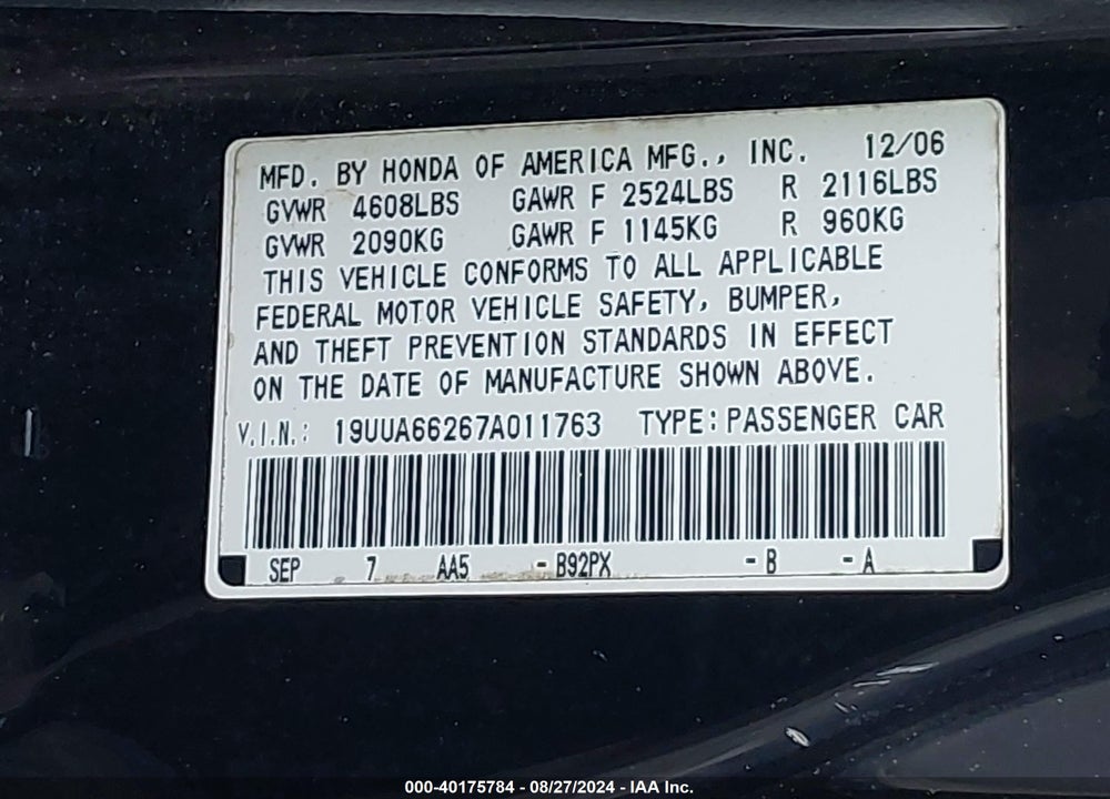 2007 ACURA TL 3.2 VIN: 19UUA66267A011763