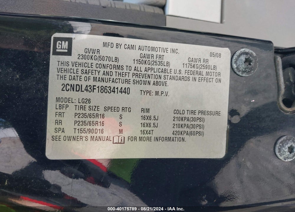 2008 CHEVROLET EQUINOX LT VIN: 2CNDL43F186341440