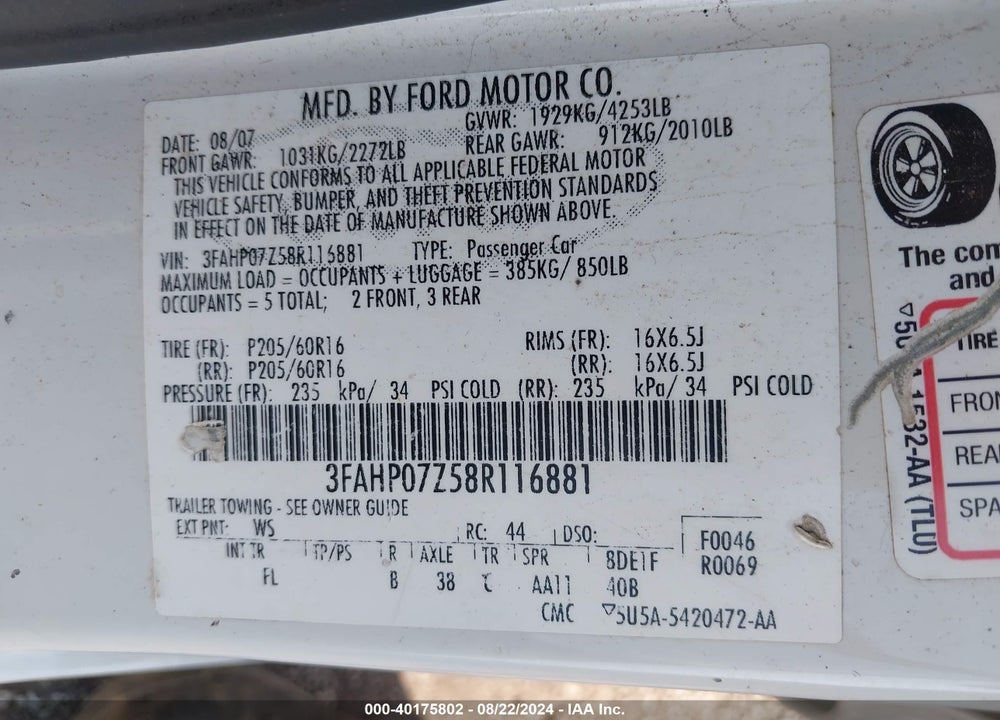 2008 FORD FUSION SE VIN: 3FAHP07Z58R116881