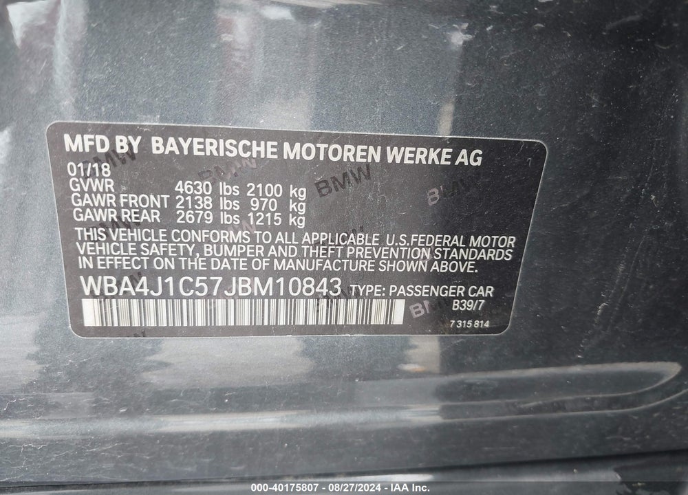 2018 BMW 430I GRAN COUPE VIN: WBA4J1C57JBM10843