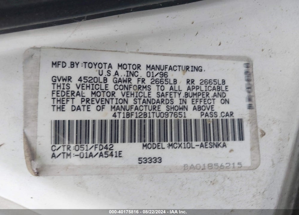 1996 TOYOTA AVALON XL/XLS VIN: 4T1BF12B1TU097651