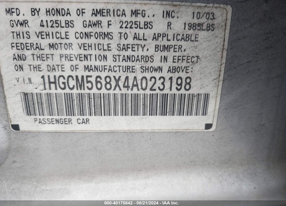 2004 HONDA ACCORD 2.4 EX VIN: 1HGCM568X4A023198