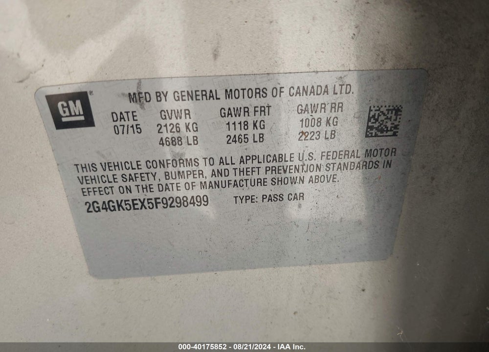 2015 BUICK REGAL TURBO VIN: 2G4GK5EX5F9298499