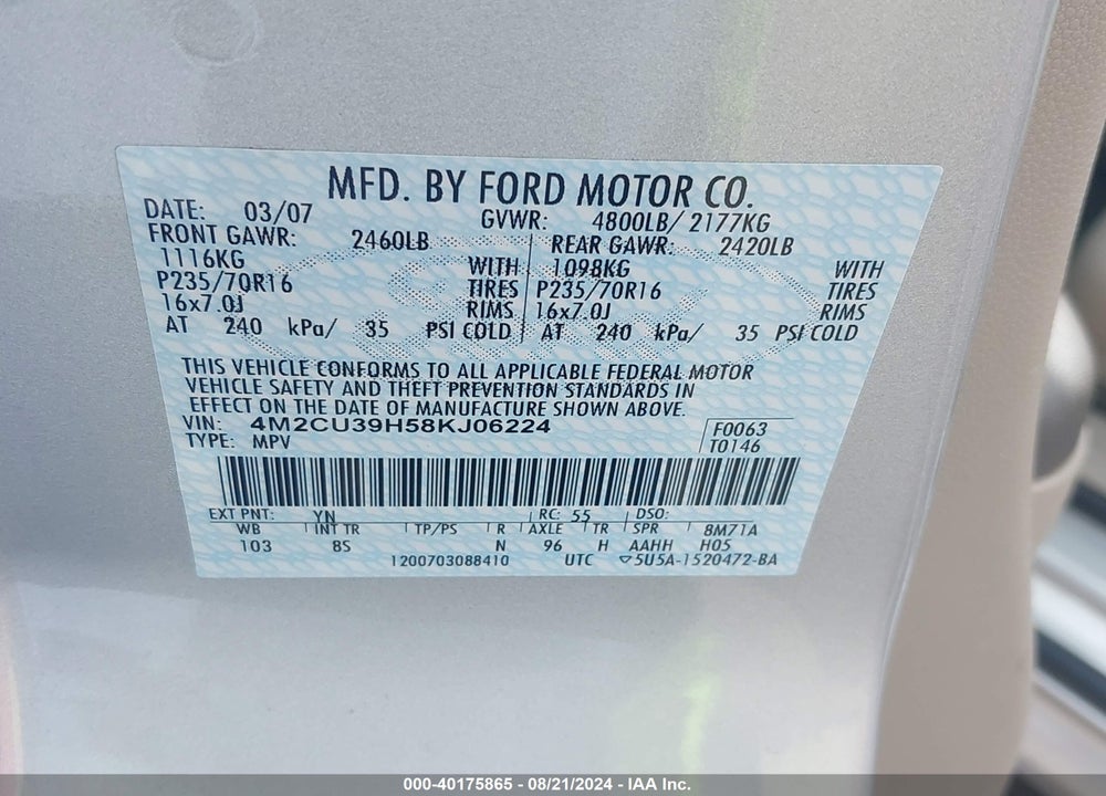 2008 MERCURY MARINER HYBRID VIN: 4M2CU39H58KJ06224