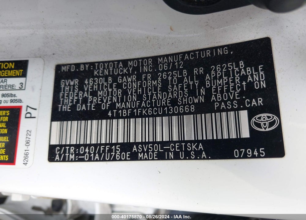 2012 TOYOTA CAMRY SE VIN: 4T1BF1FK6CU130668