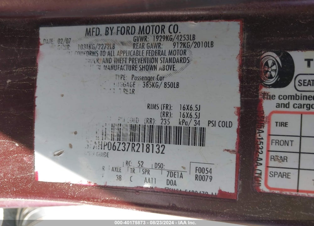 2007 FORD FUSION S VIN: 3FAHP06Z37R218132