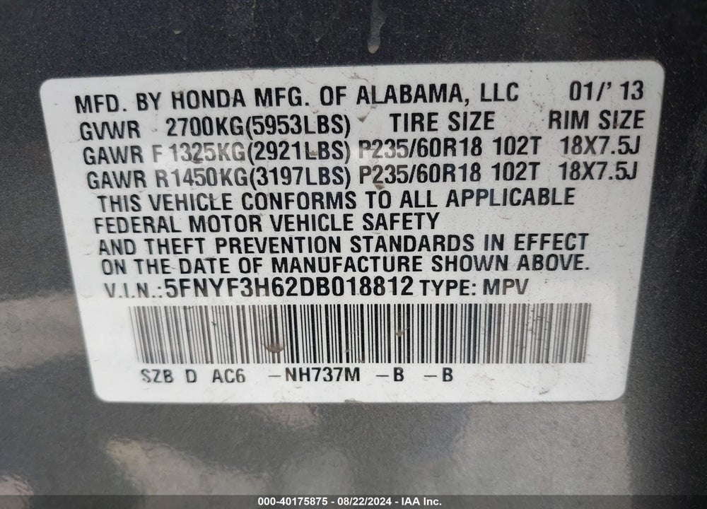 2013 HONDA PILOT EX-L VIN: 5FNYF3H62DB018812