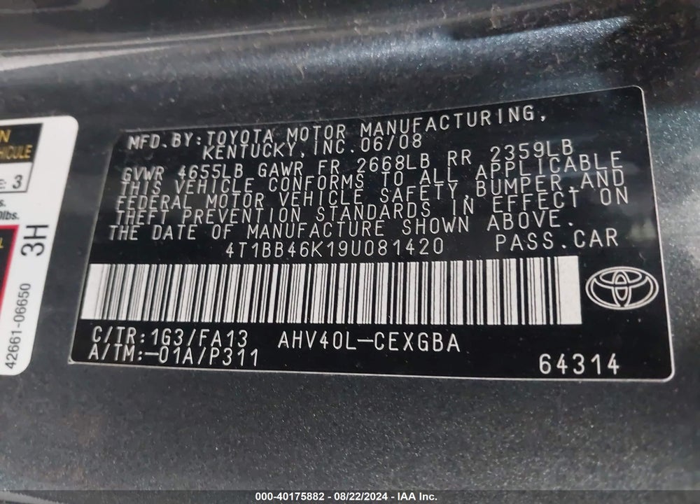 2009 TOYOTA CAMRY HYBRID VIN: 4T1BB46K19U081420