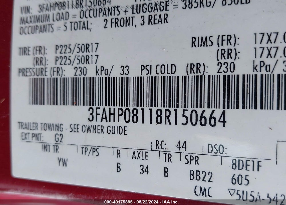 2008 FORD FUSION SEL VIN: 3FAHP08118R150664