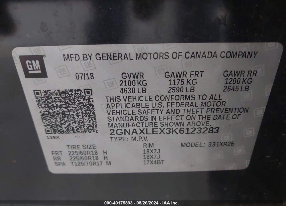 2019 CHEVROLET EQUINOX LT VIN: 2GNAXLEX3K6123283