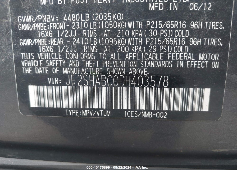 2013 SUBARU FORESTER 2.5X VIN: JF2SHABC0DH403578