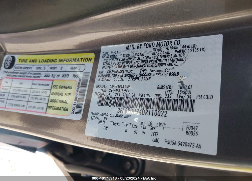 2013 FORD FUSION VIN: 3FA6P0HR4DR110022
