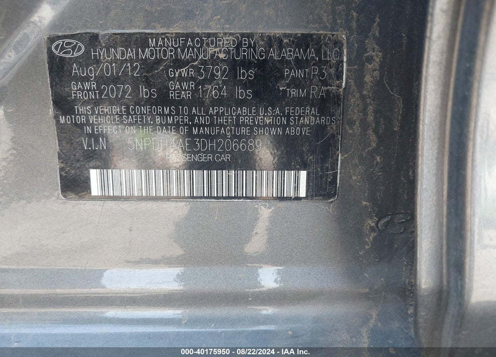 2013 HYUNDAI ELANTRA GLS VIN: 5NPDH4AE3DH206689