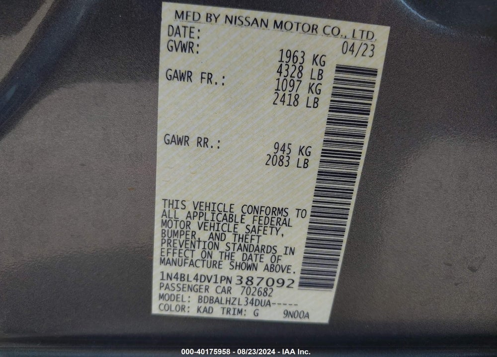 2023 NISSAN ALTIMA SV FWD VIN: 1N4BL4DV1PN387092
