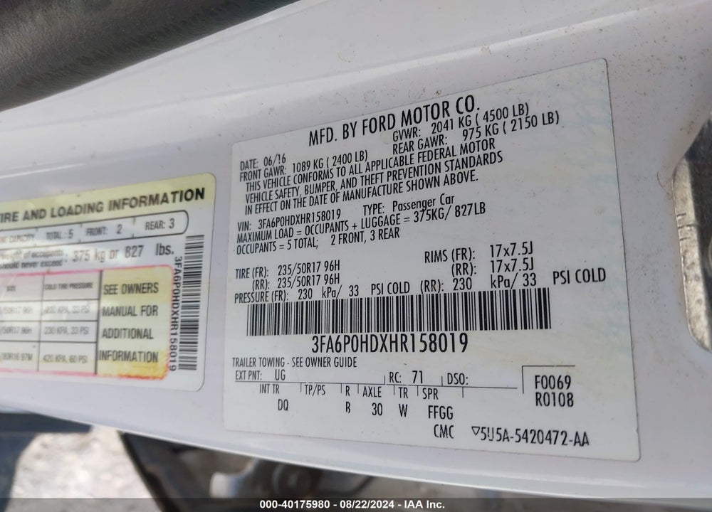 2017 FORD FUSION SE VIN: 3FA6P0HDXHR158019