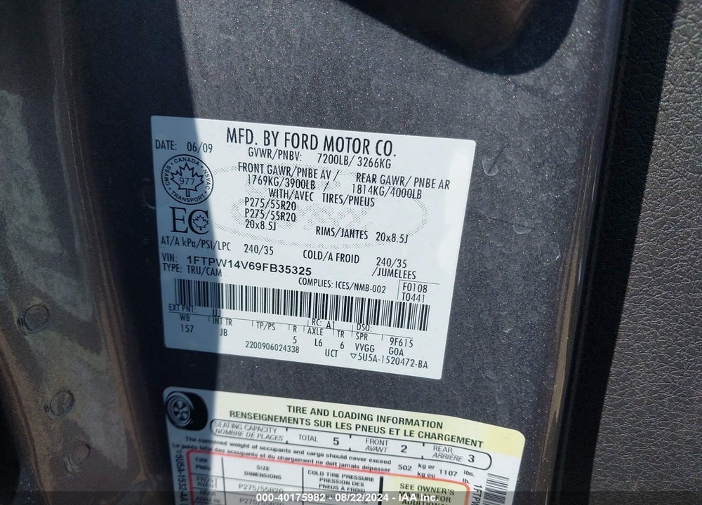 2009 FORD F-150 FX4/KING RANCH/LARIAT/PLATINUM/XL/XLT VIN: 1FTPW14V69FB35325