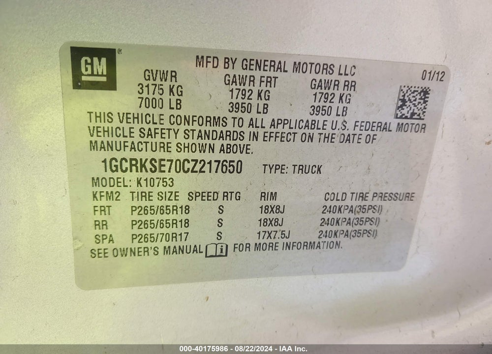 2012 CHEVROLET SILVERADO 1500 LT VIN: 1GCRKSE70CZ217650