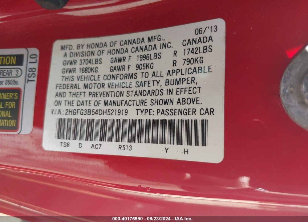2013 HONDA CIVIC LX VIN: 2HGFG3B54DH521919