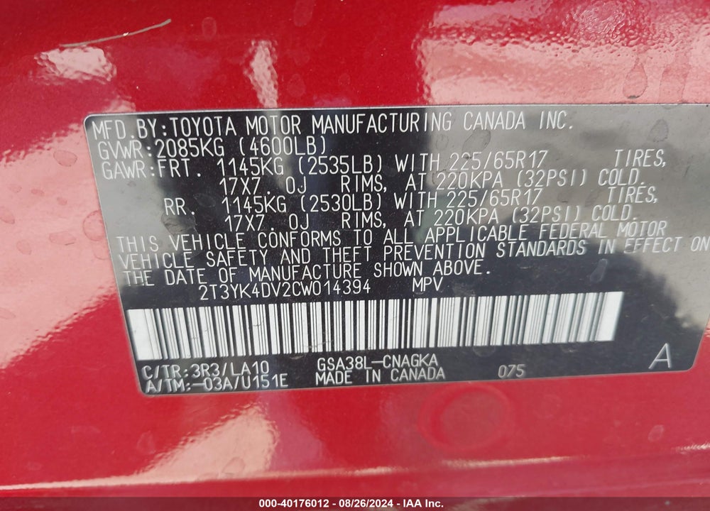 2012 TOYOTA RAV4 LIMITED V6 VIN: 2T3YK4DV2CW014394