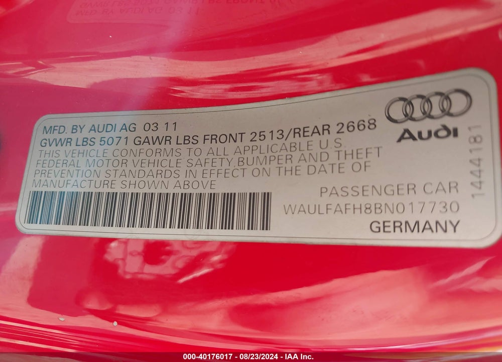 2011 AUDI A5 2.0T PREMIUM VIN: WAULFAFH8BN017730
