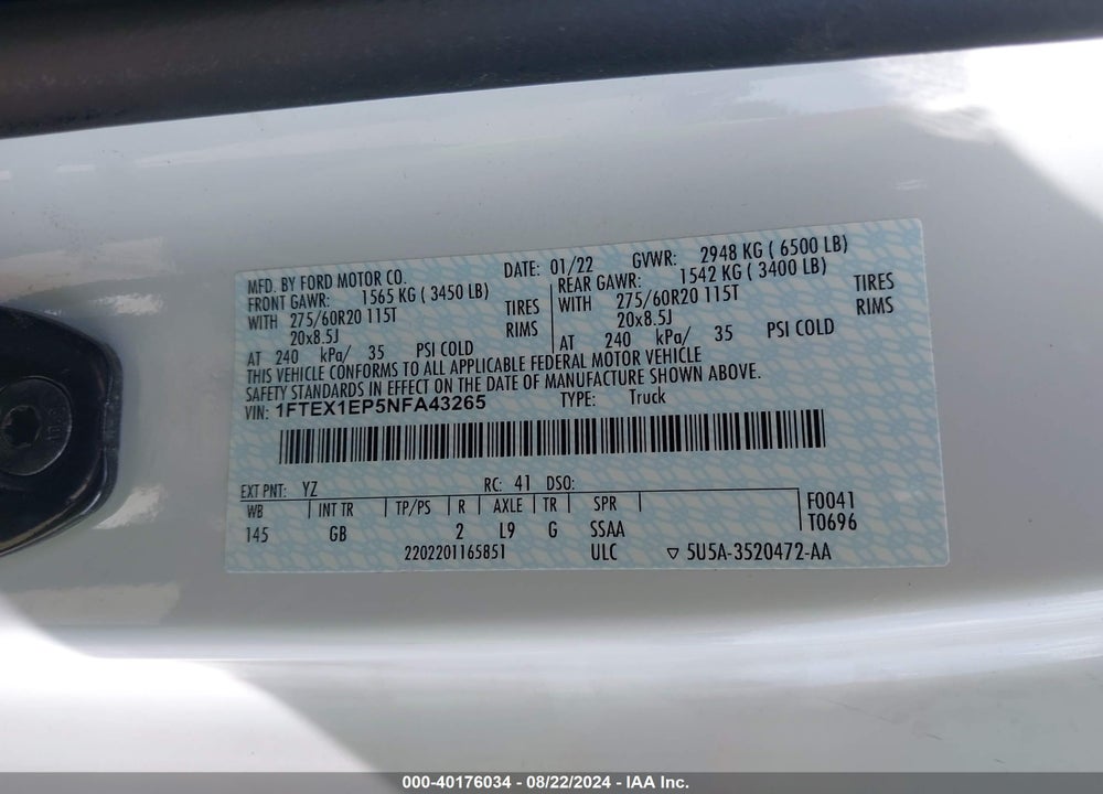 2022 FORD F-150 XL VIN: 1FTEX1EP5NFA43265