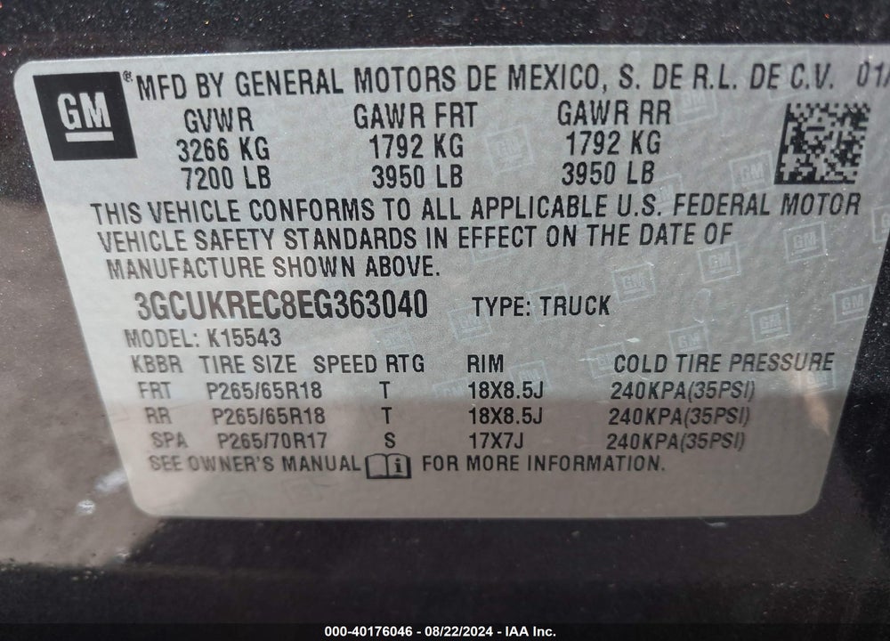 2014 CHEVROLET SILVERADO 1500 VIN: 3GCUKREC8EG363040