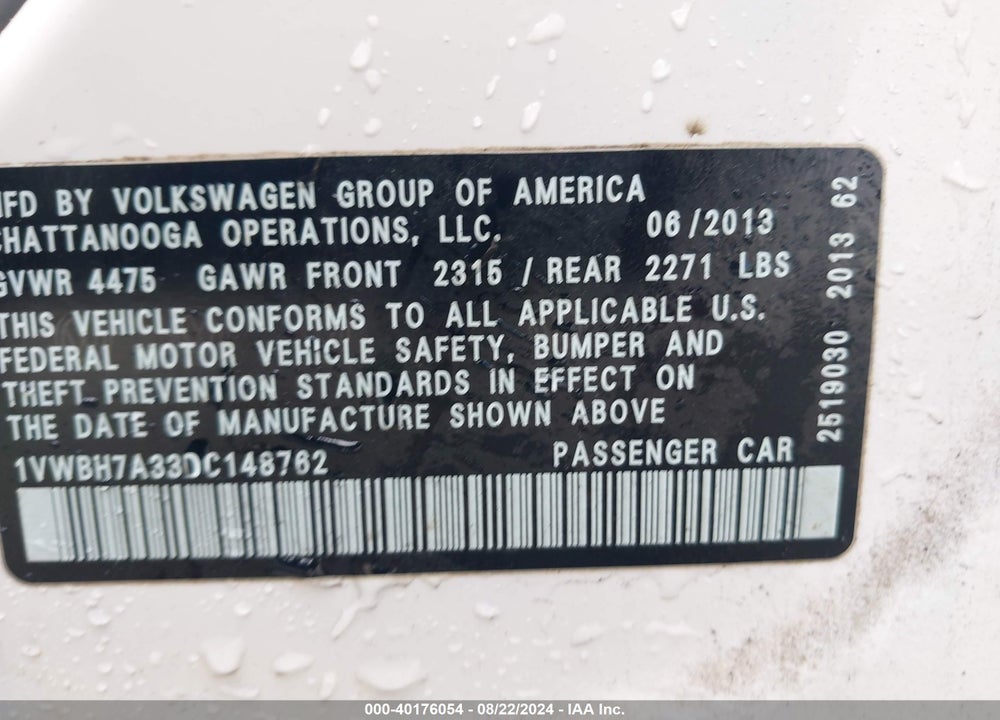 2013 VOLKSWAGEN PASSAT 2.5L SE VIN: 1VWBH7A33DC148762