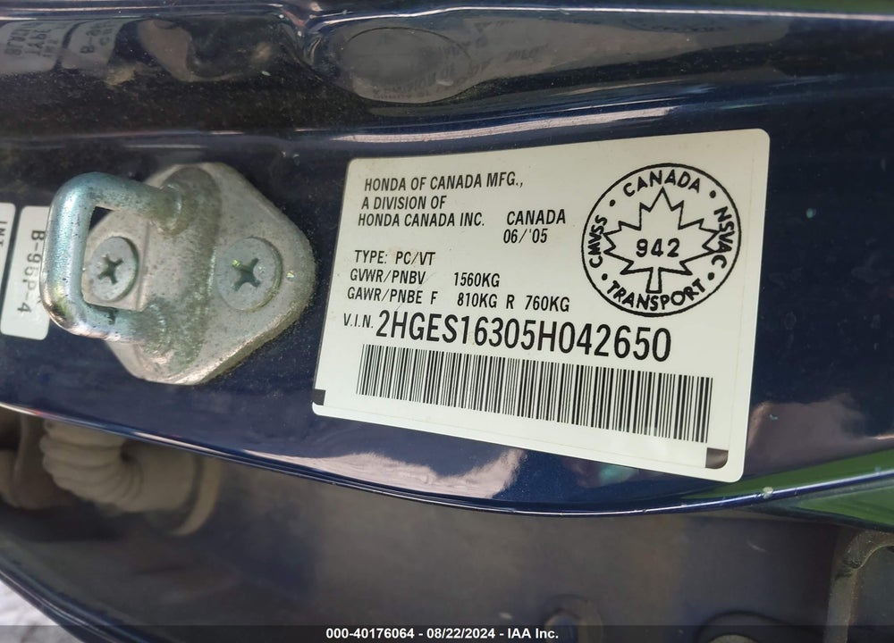 2005 HONDA CIVIC DX VP VIN: 2HGES16305H042650