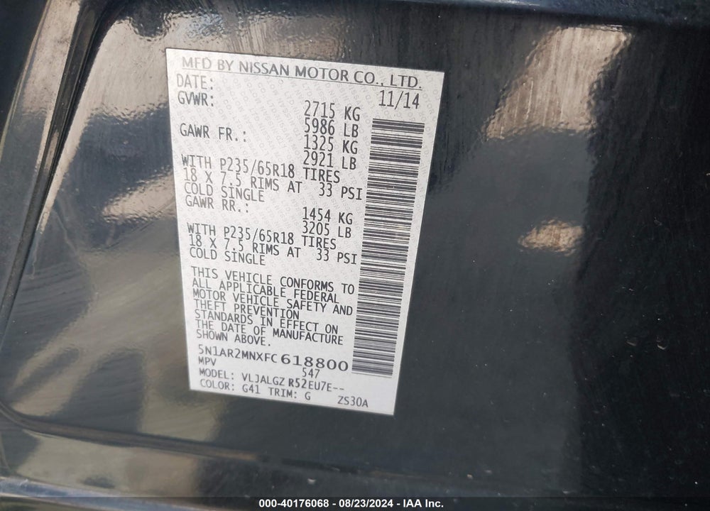 2015 NISSAN PATHFINDER PLATINUM/S/SL/SV VIN: 5N1AR2MNXFC618800