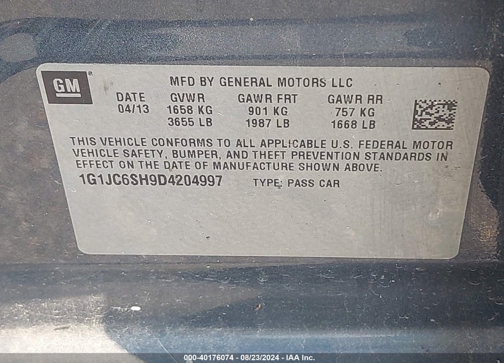 2013 CHEVROLET SONIC LT AUTO VIN: 1G1JC6SH9D4204997