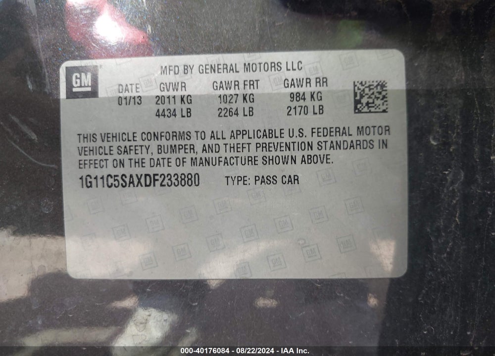 2013 CHEVROLET MALIBU 1LT VIN: 1G11C5SAXDF233880