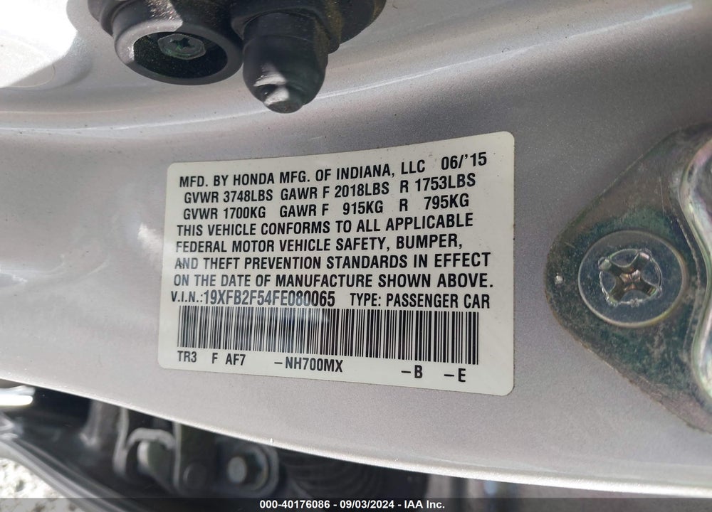 2015 HONDA CIVIC LX VIN: 19XFB2F54FE080065