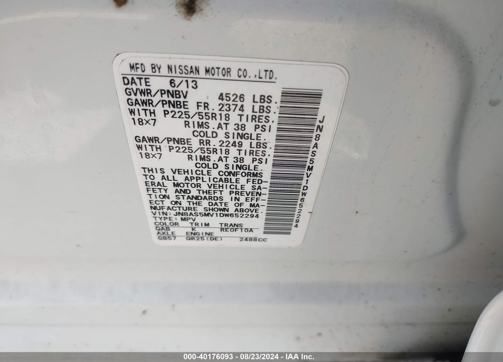 2013 NISSAN ROGUE SV W/SL PKG VIN: JN8AS5MV1DW652294
