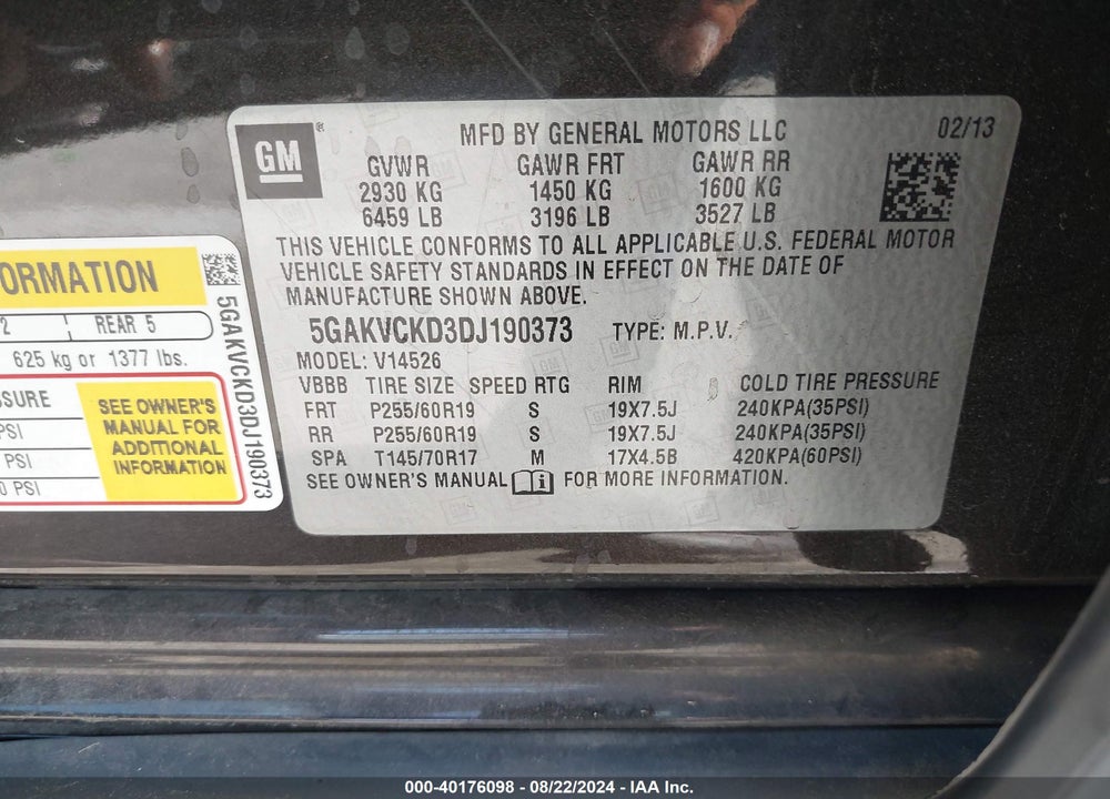 2013 BUICK ENCLAVE LEATHER VIN: 5GAKVCKD3DJ190373