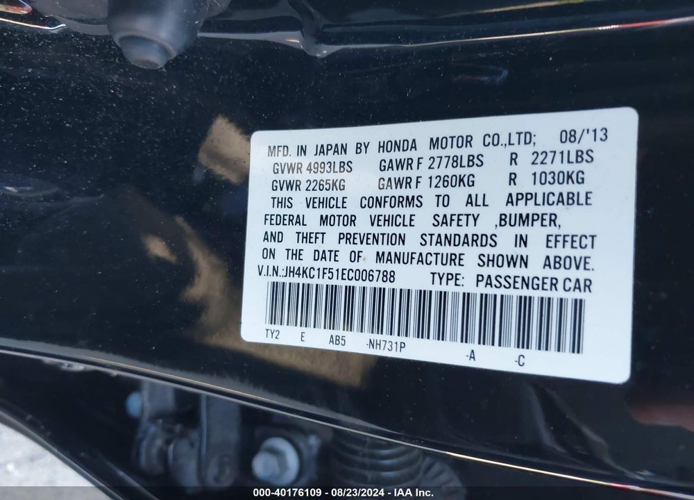 2014 ACURA RLX VIN: JH4KC1F51EC006788
