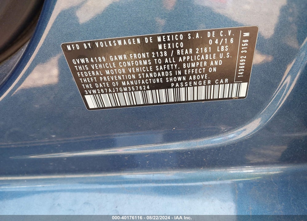 2016 VOLKSWAGEN JETTA 1.4T S VIN: 3VW267AJ7GM357624