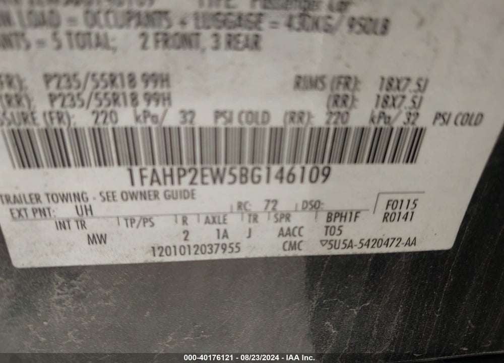 2011 FORD TAURUS SEL VIN: 1FAHP2EW5BG146109