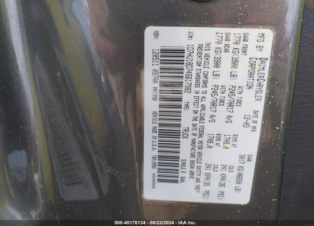 2004 DODGE RAM 1500 SLT/LARAMIE VIN: 1D7HU18D74S617982
