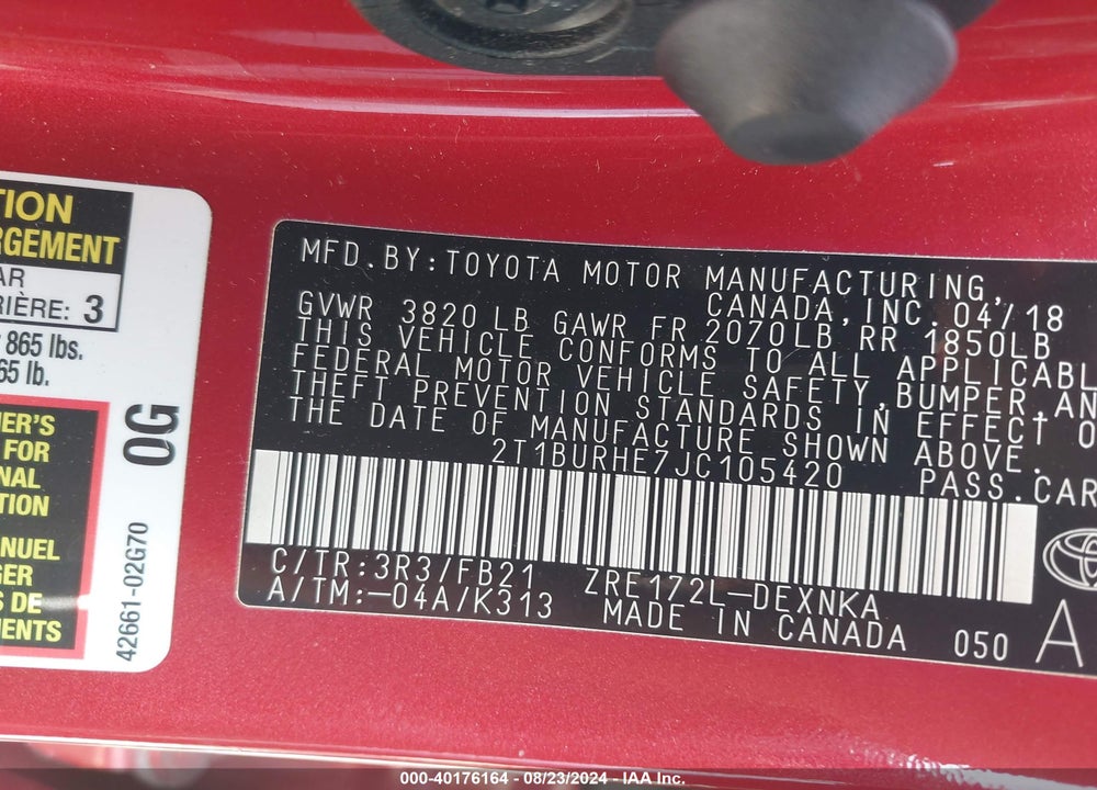 2018 TOYOTA COROLLA LE VIN: 2T1BURHE7JC105420