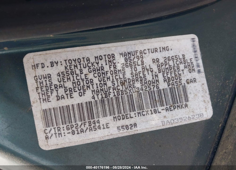 1999 TOYOTA AVALON XL VIN: 4T1BF18B5XU342576