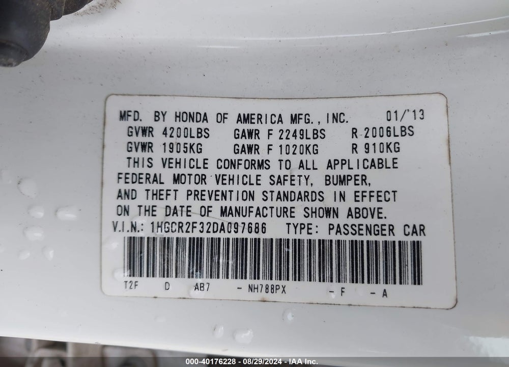 2013 HONDA ACCORD LX VIN: 1HGCR2F32DA097686