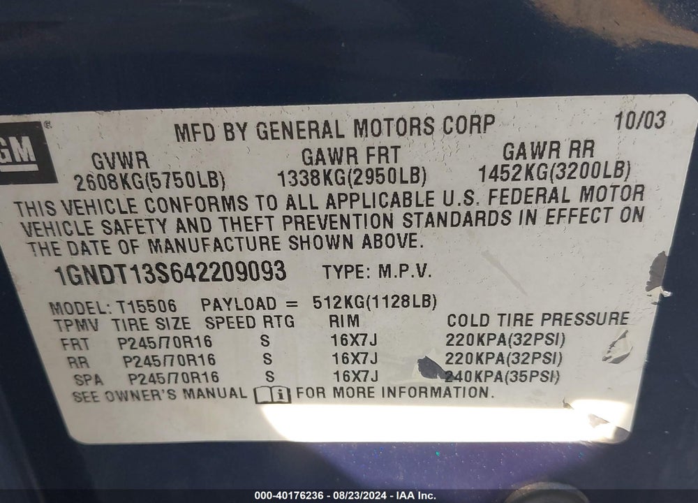 2004 CHEVROLET TRAILBLAZER LS VIN: 1GNDT13S642209093