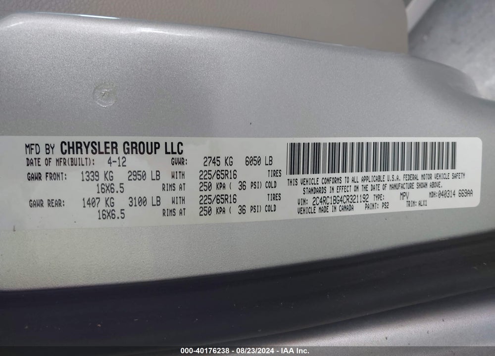 2012 CHRYSLER TOWN & COUNTRY TOURING VIN: 2C4RC1BG4CR321192