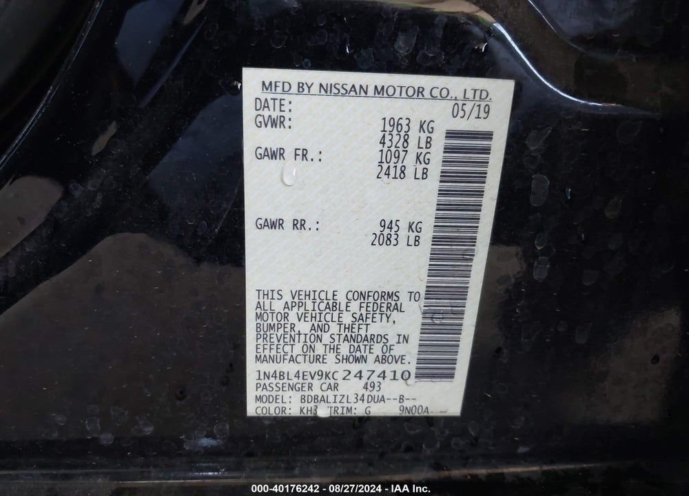 2019 NISSAN ALTIMA 2.5 SL VIN: 1N4BL4EV9KC247410